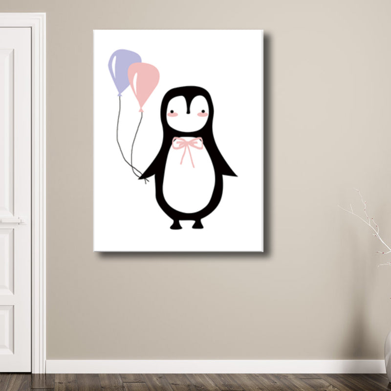 Penguin with Balloon Wall Decor Children's Art Textured Canvas Print in Black for Bedroom Black Clearhalo 'Art Gallery' 'Canvas Art' 'Kids' Arts' 1782489