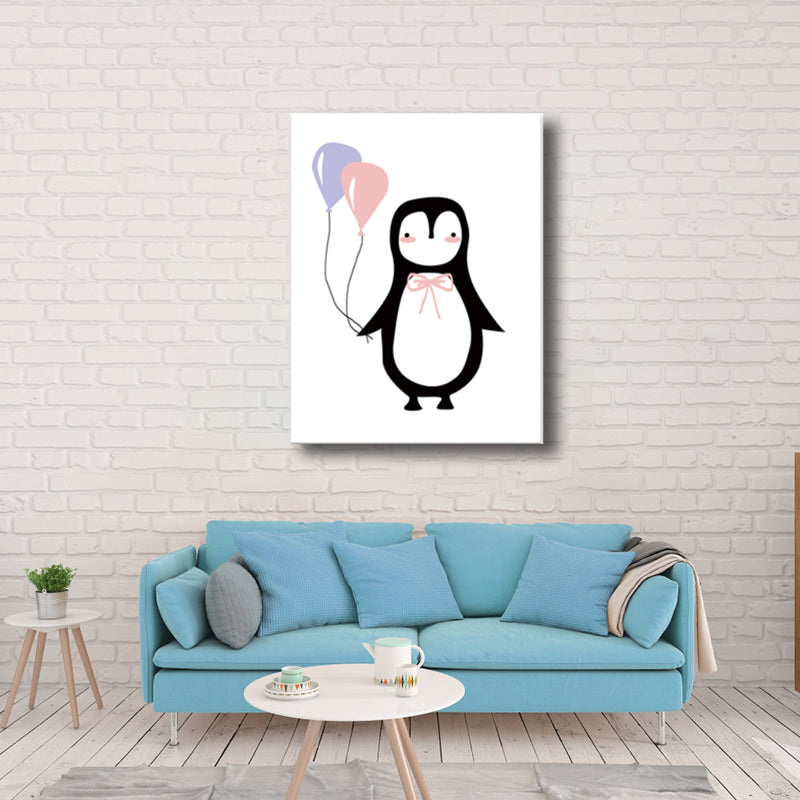 Penguin with Balloon Wall Decor Children's Art Textured Canvas Print in Black for Bedroom Clearhalo 'Art Gallery' 'Canvas Art' 'Kids' Arts' 1782491
