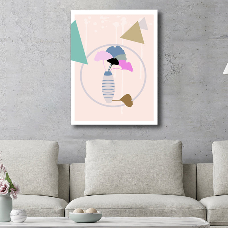 Leaves and Vase Painting Nordic Style Canvas Wall Art Decor in Pink for Bathroom Clearhalo 'Arts' 'Canvas Art' 1782562