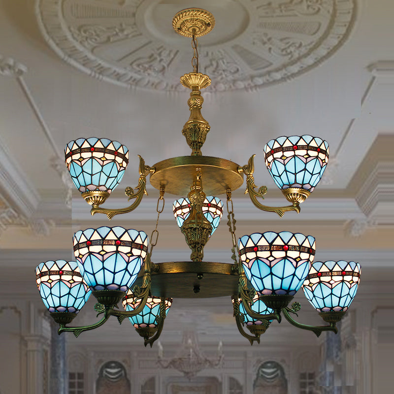 Stained Glass Bowl Hanging Ceiling Light 9 Lights Baroque Chandelier Lighting in Blue for Hallway Clearhalo 'Ceiling Lights' 'Chandeliers' 'Industrial' 'Middle Century Chandeliers' 'Tiffany Chandeliers' 'Tiffany close to ceiling' 'Tiffany' Lighting' 178268