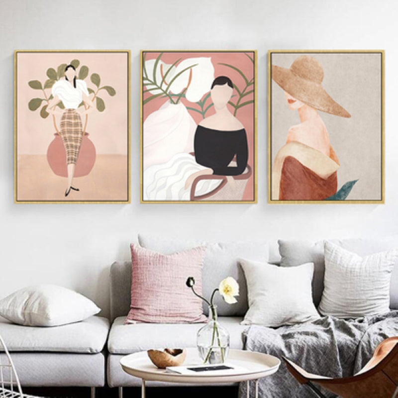 Pink Woman Drawing Wall Art Fashion Nordic Style Textured Canvas Print for Girls Room Pink Clearhalo 'Arts' 'Canvas Art' 1782869