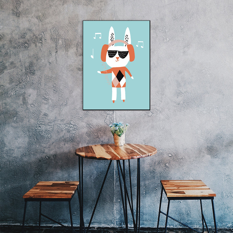 Cat with Headset Canvas Wall Art Green Kids Style Painting for Dining Room, Multiple Sizes Green Clearhalo 'Art Gallery' 'Canvas Art' 'Kids' Arts' 1783105