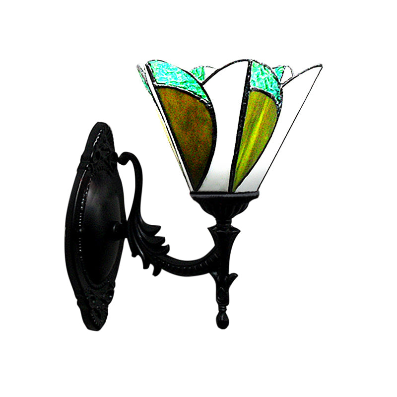 Stained Glass Cone Wall Light Study Room 1 Head Tiffany Stylish Antique Wall Lamp in Green Clearhalo 'Industrial' 'Middle century wall lights' 'Tiffany wall lights' 'Tiffany' 'Wall Lamps & Sconces' 'Wall Lights' Lighting' 178311