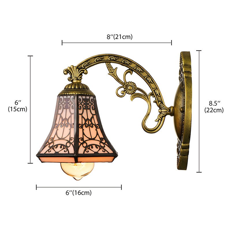 Art Glass Bell Wall Light with Carved Arm 1 Head Vintage Tiffany Wall Lamp in Black for Outdoor Clearhalo 'Industrial' 'Middle century wall lights' 'Tiffany wall lights' 'Tiffany' 'Wall Lamps & Sconces' 'Wall Lights' Lighting' 178316