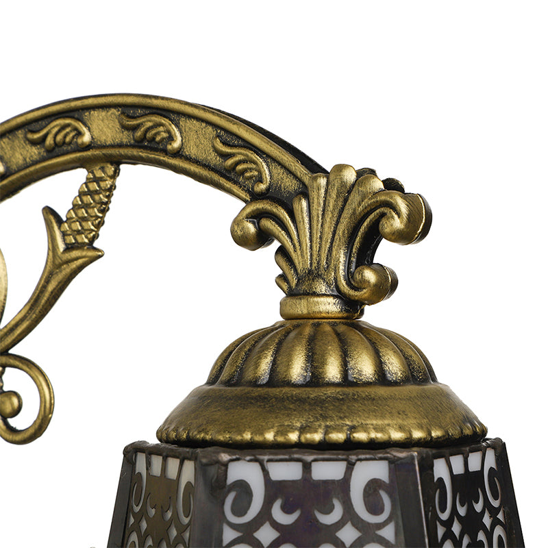 Art Glass Bell Wall Light with Carved Arm 1 Head Vintage Tiffany Wall Lamp in Black for Outdoor Clearhalo 'Industrial' 'Middle century wall lights' 'Tiffany wall lights' 'Tiffany' 'Wall Lamps & Sconces' 'Wall Lights' Lighting' 178318