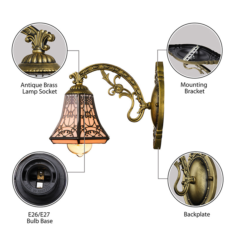 Art Glass Bell Wall Light with Carved Arm 1 Head Vintage Tiffany Wall Lamp in Black for Outdoor Clearhalo 'Industrial' 'Middle century wall lights' 'Tiffany wall lights' 'Tiffany' 'Wall Lamps & Sconces' 'Wall Lights' Lighting' 178319