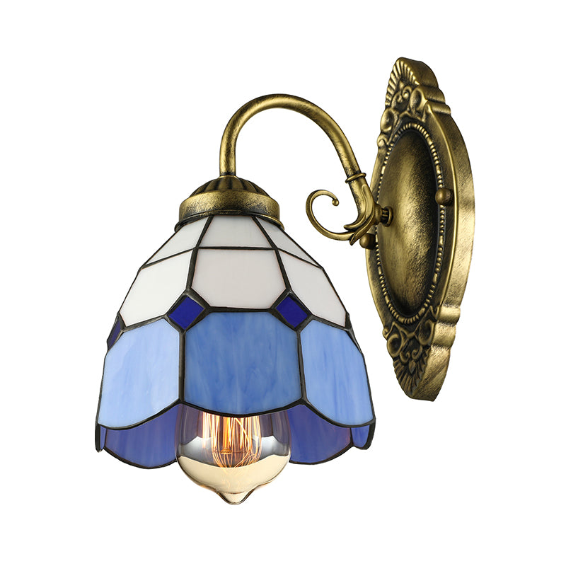 Vintage Style Grid Dome Wall Sconce 1 Bulb Art Glass Wall Lamp with Curved Arm in Blue for Bathroom Blue Clearhalo 'Industrial' 'Middle century wall lights' 'Tiffany wall lights' 'Tiffany' 'Wall Lamps & Sconces' 'Wall Lights' Lighting' 178322
