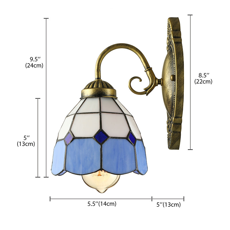 Vintage Style Grid Dome Wall Sconce 1 Bulb Art Glass Wall Lamp with Curved Arm in Blue for Bathroom Clearhalo 'Industrial' 'Middle century wall lights' 'Tiffany wall lights' 'Tiffany' 'Wall Lamps & Sconces' 'Wall Lights' Lighting' 178323