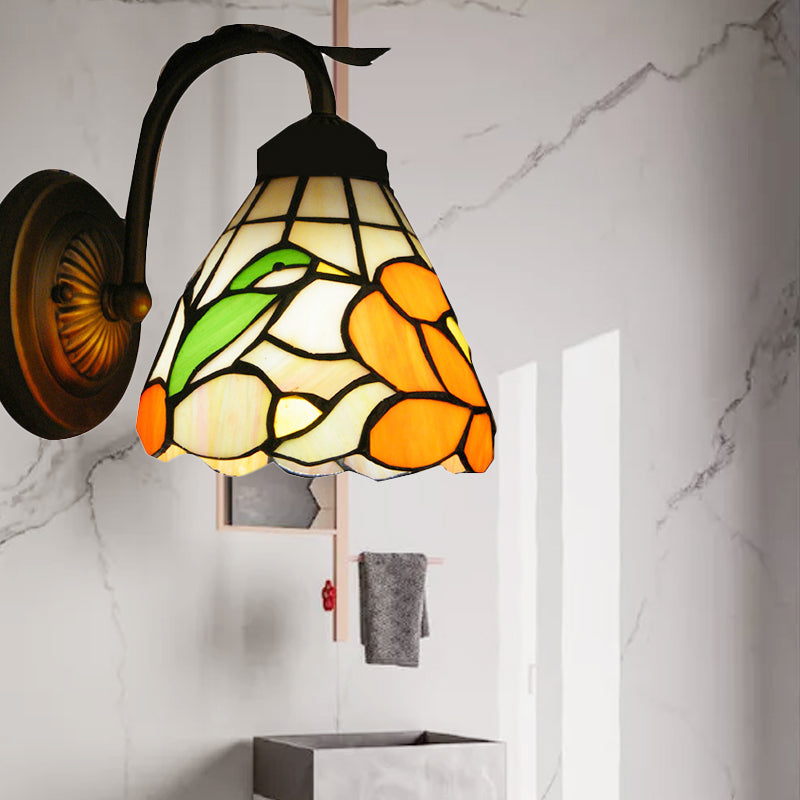 Rustic Tiffany Blossom Wall Light with Bird Stained Glass 1 Head Orange Wall Lamp for Dining Room Orange Clearhalo 'Industrial' 'Middle century wall lights' 'Tiffany wall lights' 'Tiffany' 'Wall Lamps & Sconces' 'Wall Lights' Lighting' 178327