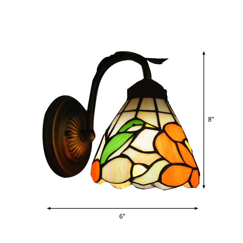 Rustic Tiffany Blossom Wall Light with Bird Stained Glass 1 Head Orange Wall Lamp for Dining Room Clearhalo 'Industrial' 'Middle century wall lights' 'Tiffany wall lights' 'Tiffany' 'Wall Lamps & Sconces' 'Wall Lights' Lighting' 178330
