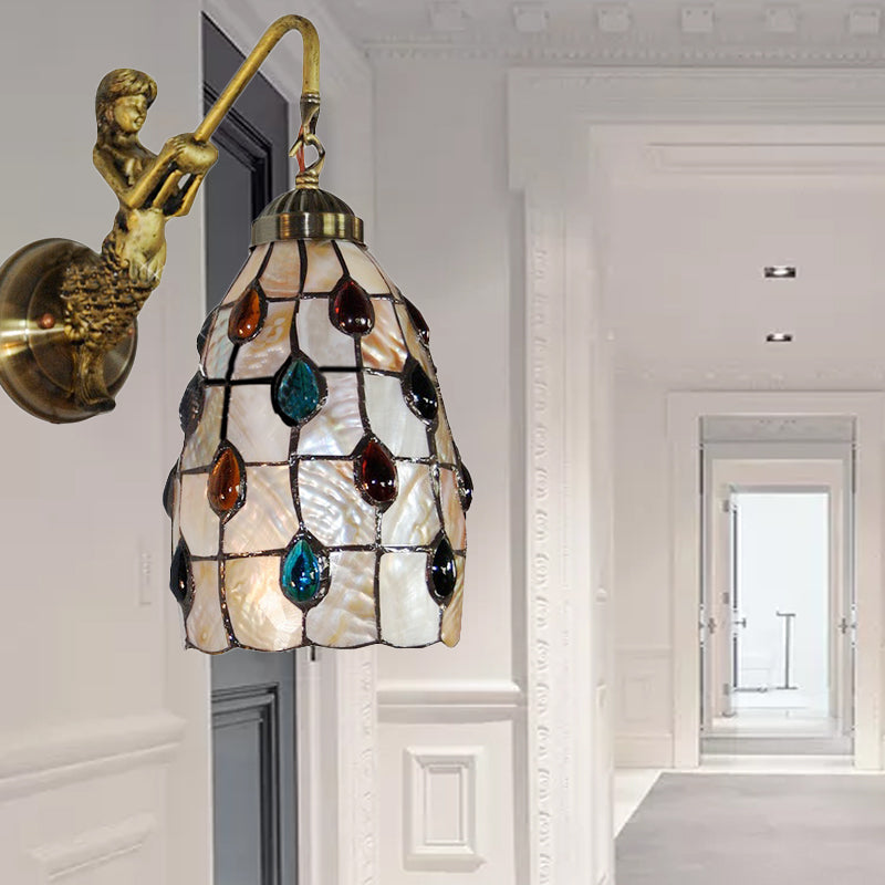 Elongated Wall Mount Light Fixture Tiffany Shell 1 Head Beige Sconce Light with Mermaid Backplate Beige Clearhalo 'Industrial' 'Middle century wall lights' 'Tiffany wall lights' 'Tiffany' 'Wall Lamps & Sconces' 'Wall Lights' Lighting' 178331