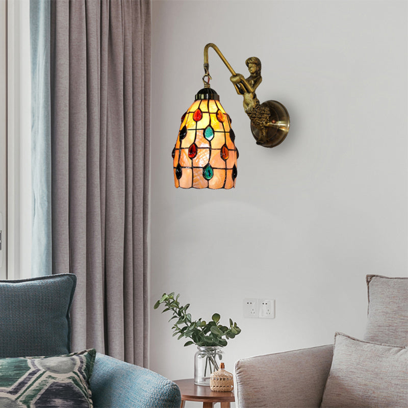 Elongated Wall Mount Light Fixture Tiffany Shell 1 Head Beige Sconce Light with Mermaid Backplate Clearhalo 'Industrial' 'Middle century wall lights' 'Tiffany wall lights' 'Tiffany' 'Wall Lamps & Sconces' 'Wall Lights' Lighting' 178332