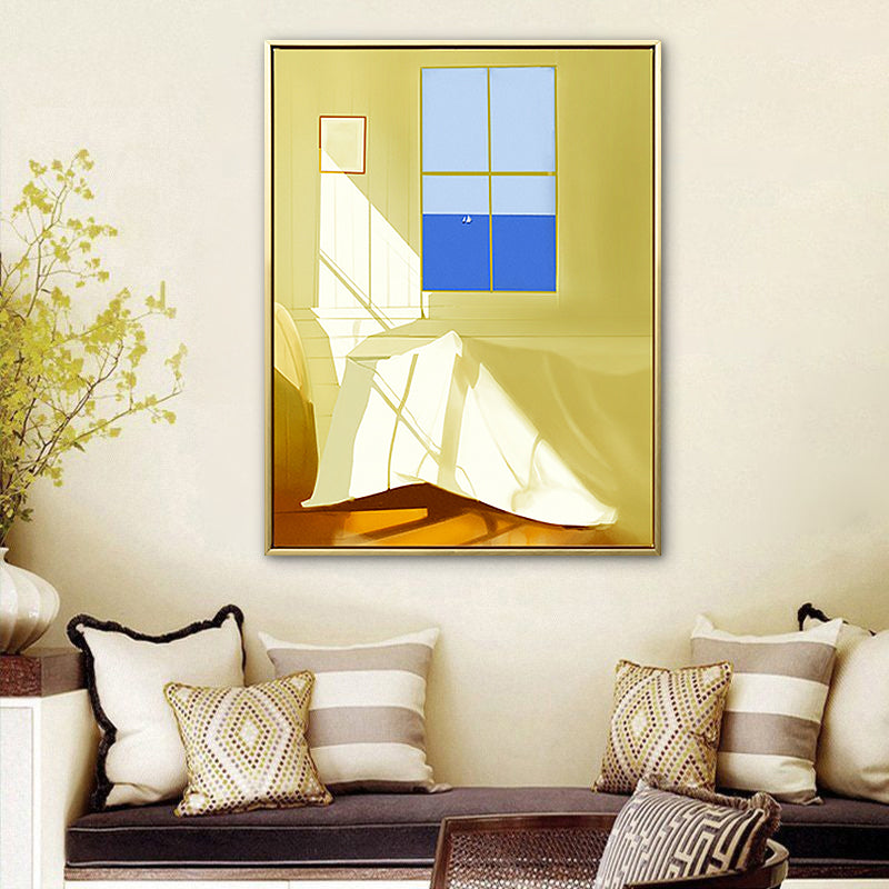 Room with Window Drawing Art Print Textured Nordic Style House Interior Canvas in Yellow Yellow Clearhalo 'Arts' 'Canvas Art' 1783412