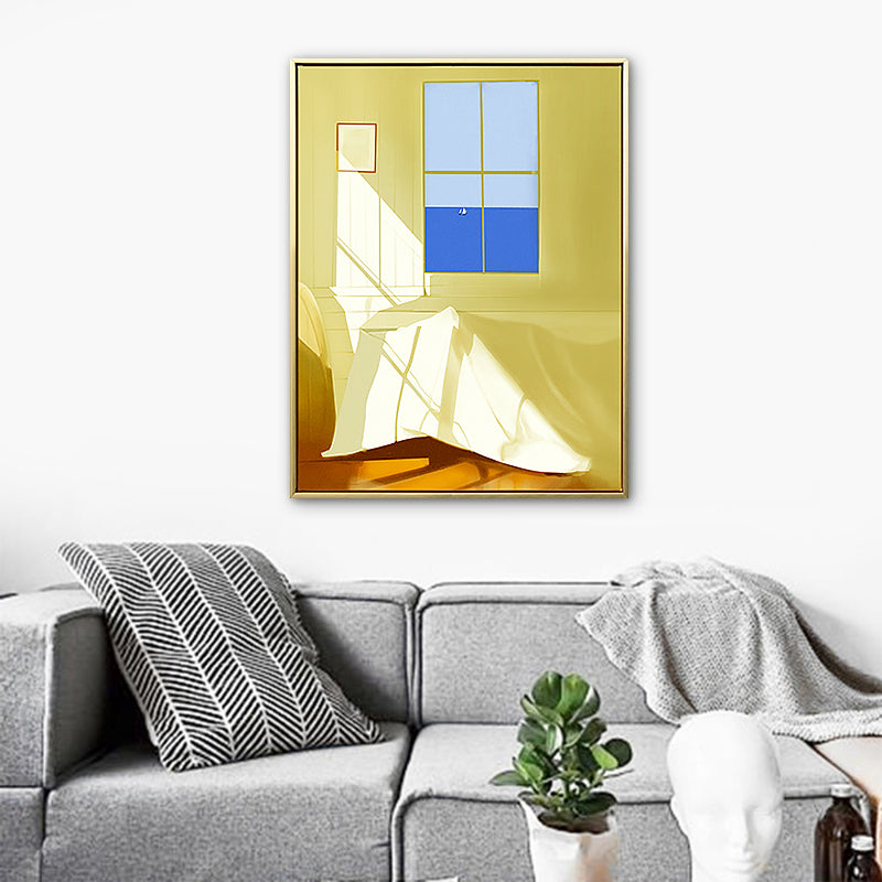 Room with Window Drawing Art Print Textured Nordic Style House Interior Canvas in Yellow Clearhalo 'Arts' 'Canvas Art' 1783413