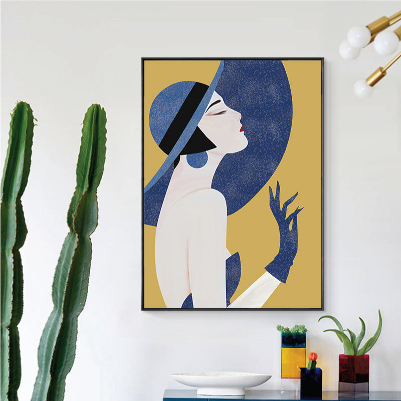 Blue Nordic Wall Art Illustration Portrait of Woman in Floppy Hat Canvas for Girls Room Blue Clearhalo 'Arts' 'Canvas Art' 1783569