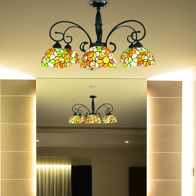 3/6 Lights Bowl Living Room Chandelier Stained Glass Tiffany Rustic Pendant Light with Orange Sunflower Clearhalo 'Ceiling Lights' 'Close To Ceiling Lights' 'Close to ceiling' 'Glass shade' 'Glass' 'Semi-flushmount' 'Tiffany close to ceiling' 'Tiffany' Lighting' 178357