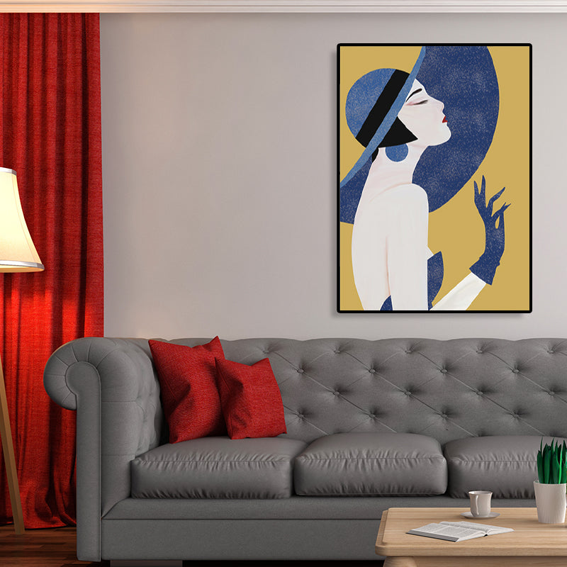 Blue Nordic Wall Art Illustration Portrait of Woman in Floppy Hat Canvas for Girls Room Clearhalo 'Arts' 'Canvas Art' 1783570