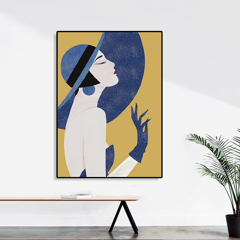 Blue Nordic Wall Art Illustration Portrait of Woman in Floppy Hat Canvas for Girls Room Clearhalo 'Arts' 'Canvas Art' 1783571