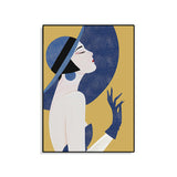 Blue Nordic Wall Art Illustration Portrait of Woman in Floppy Hat Canvas for Girls Room Clearhalo 'Arts' 'Canvas Art' 1783572