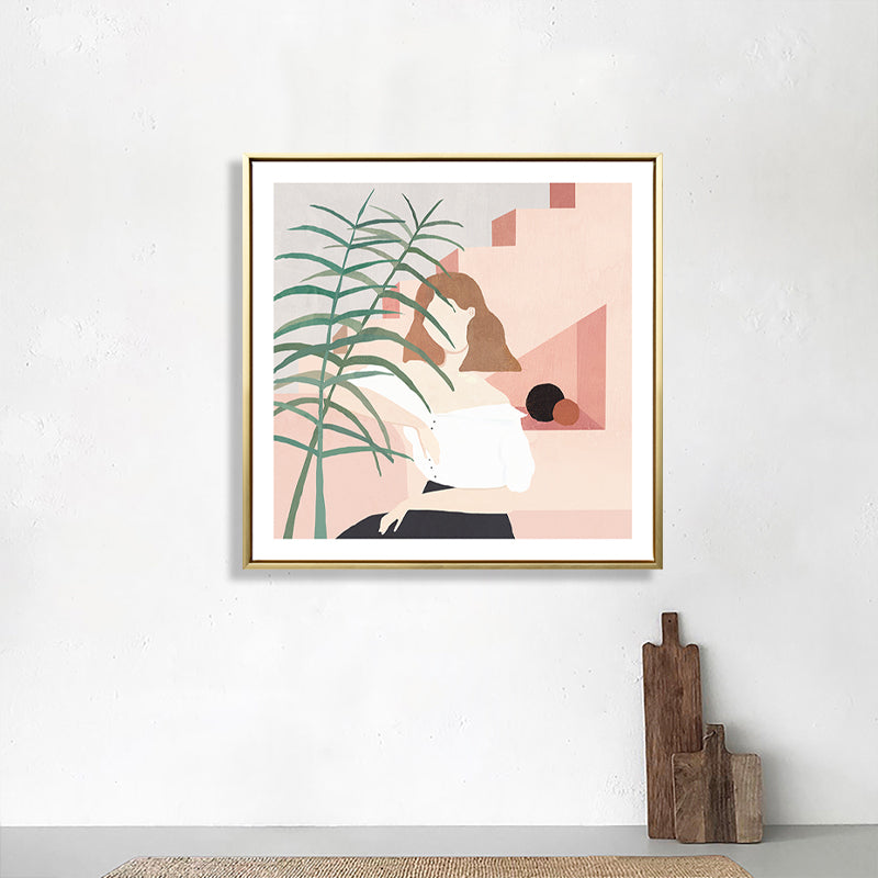 Girl and Plant Drawing Canvas Nordic Stylish Fashion Wall Art Print in Pastel Color Clearhalo 'Arts' 'Canvas Art' 1783584