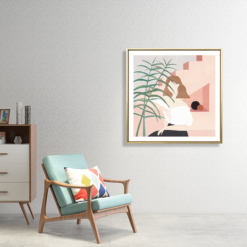 Girl and Plant Drawing Canvas Nordic Stylish Fashion Wall Art Print in Pastel Color Clearhalo 'Arts' 'Canvas Art' 1783588