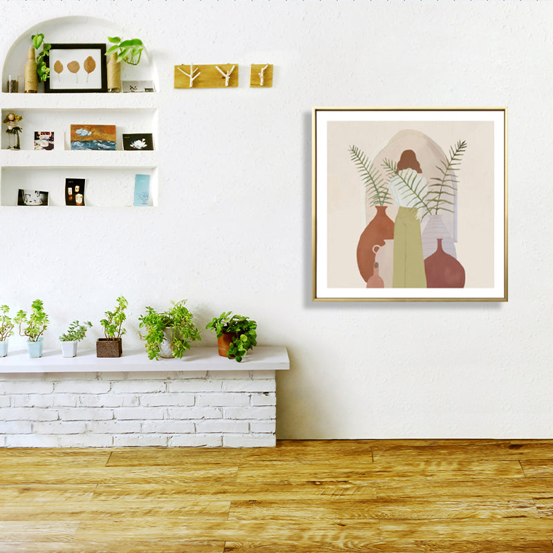 Girl and Plant Drawing Canvas Nordic Stylish Fashion Wall Art Print in Pastel Color Clearhalo 'Arts' 'Canvas Art' 1783595