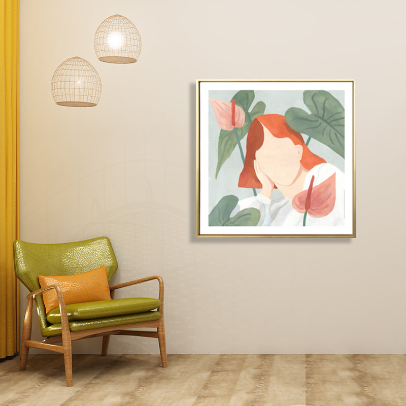 Girl and Plant Drawing Canvas Nordic Stylish Fashion Wall Art Print in Pastel Color Clearhalo 'Arts' 'Canvas Art' 1783597