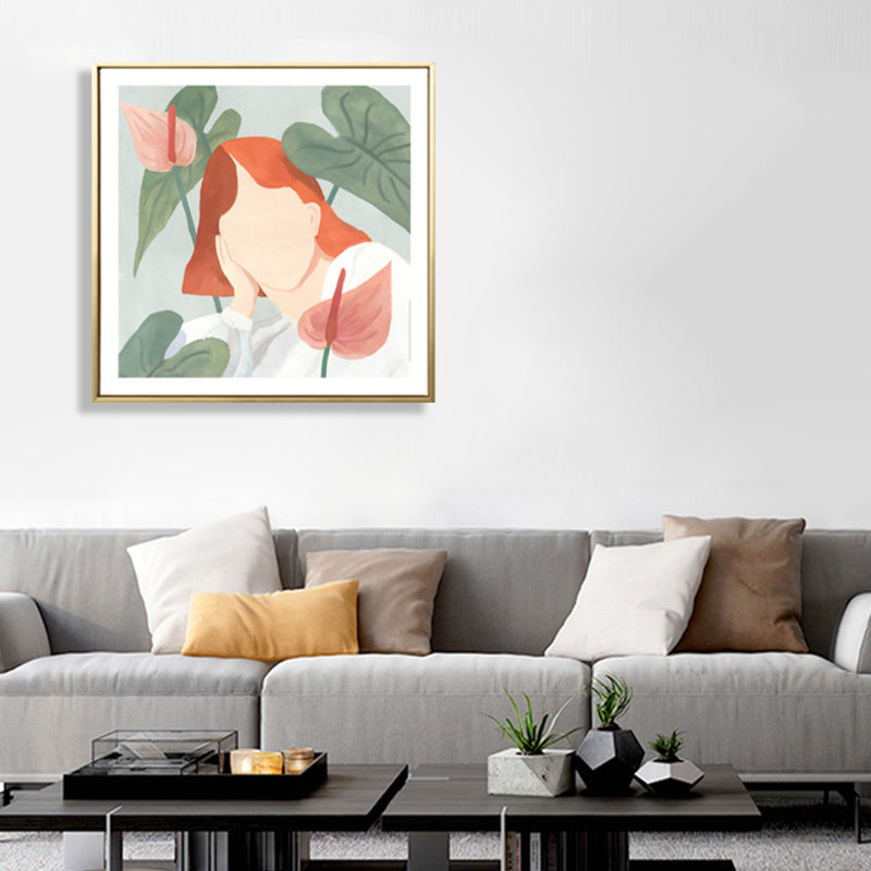 Girl and Plant Drawing Canvas Nordic Stylish Fashion Wall Art Print in Pastel Color Clearhalo 'Arts' 'Canvas Art' 1783598