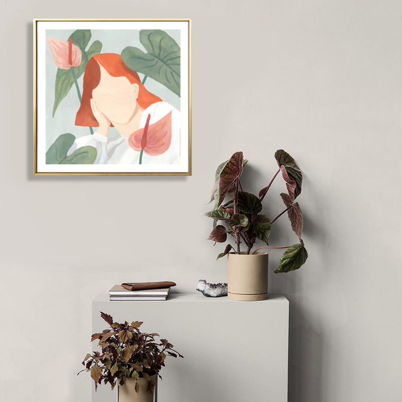 Girl and Plant Drawing Canvas Nordic Stylish Fashion Wall Art Print in Pastel Color Clearhalo 'Arts' 'Canvas Art' 1783599