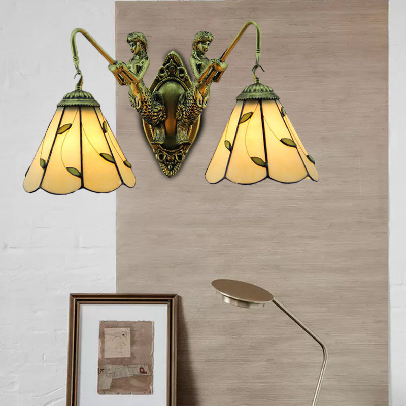 Lily Beige Glass Sconce Light Fixture Tiffany 2 Heads Brass Wall Mounted Light with Mermaid Backplate Clearhalo 'Industrial' 'Middle century wall lights' 'Tiffany wall lights' 'Tiffany' 'Wall Lamps & Sconces' 'Wall Lights' Lighting' 178361