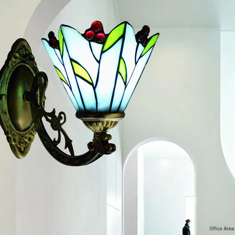 Stained Glass Flower and Leaf Wall Light 1 Head Antique Tiffany Wall Sconce in Blue for Kitchen Blue Clearhalo 'Industrial' 'Middle century wall lights' 'Tiffany wall lights' 'Tiffany' 'Wall Lamps & Sconces' 'Wall Lights' Lighting' 178375