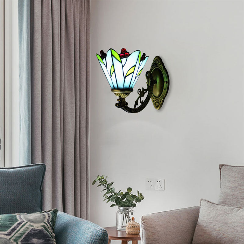 Stained Glass Flower and Leaf Wall Light 1 Head Antique Tiffany Wall Sconce in Blue for Kitchen Clearhalo 'Industrial' 'Middle century wall lights' 'Tiffany wall lights' 'Tiffany' 'Wall Lamps & Sconces' 'Wall Lights' Lighting' 178376