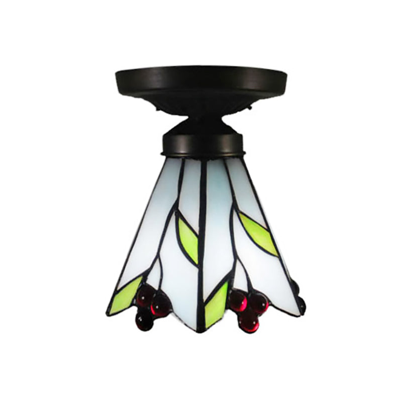 Cafe Leaf and Flower Ceiling Mount Light Stained Glass 1 Bulb Tiffany Rustic White Ceiling Fixture Clearhalo 'Ceiling Lights' 'Close To Ceiling Lights' 'Close to ceiling' 'Glass shade' 'Glass' 'Pendant Lights' 'Semi-flushmount' 'Tiffany close to ceiling' 'Tiffany' Lighting' 178386