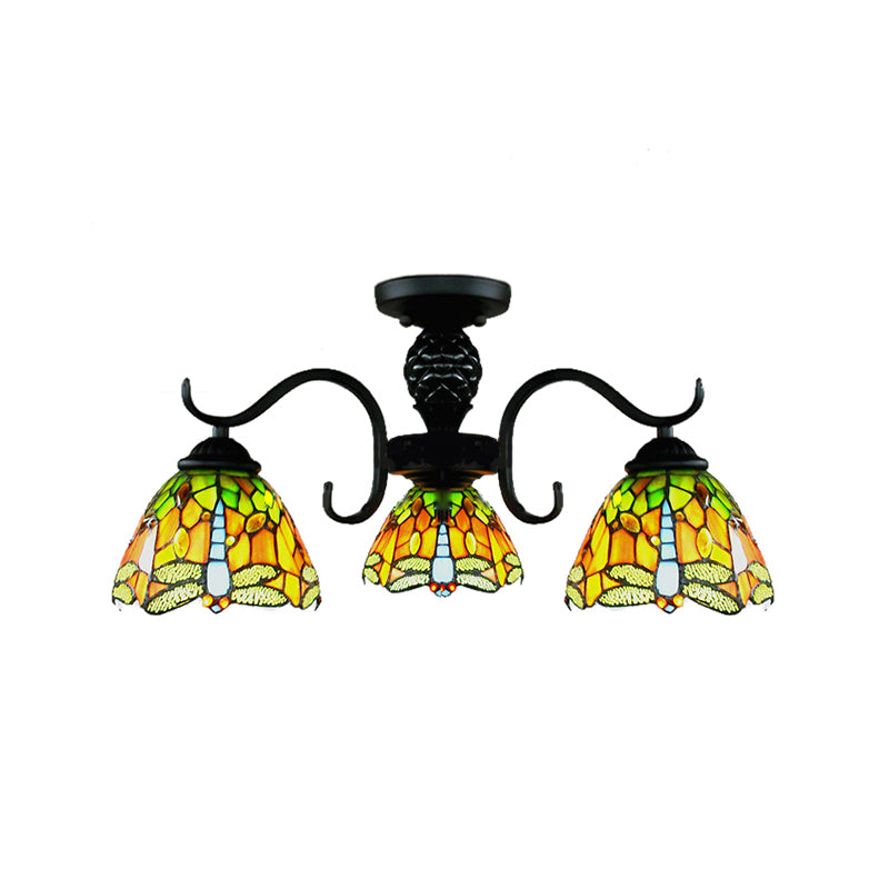 Rustic Tiffany Dragonfly Chandelier 3 Lights Stained Glass Pendant Light in Orange for Villa Clearhalo 'Ceiling Lights' 'Close To Ceiling Lights' 'Close to ceiling' 'Glass shade' 'Glass' 'Pendant Lights' 'Semi-flushmount' 'Tiffany close to ceiling' 'Tiffany' Lighting' 178395