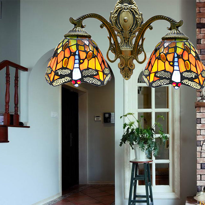 Tiffany Rustic Dragonfly Wall Lamp Stained Glass 2 Bulbs Orange Wall Sconce for Coffee Shop Orange Clearhalo 'Industrial' 'Middle century wall lights' 'Tiffany wall lights' 'Tiffany' 'Wall Lamps & Sconces' 'Wall Lights' Lighting' 178401