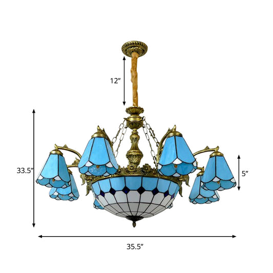 9/7 Lights Cone Hanging Light with Center Dome Antique Tiffany Chandelier in Blue for Lobby Clearhalo 'Ceiling Lights' 'Chandeliers' 'Industrial' 'Middle Century Chandeliers' 'Tiffany Chandeliers' 'Tiffany close to ceiling' 'Tiffany' Lighting' 178417