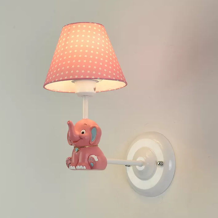 Kid Bedroom Elephant Sconce Light with Dot Shade Fabric 1 Light Lovely Wall Light Pink Clearhalo 'Wall Lamps & Sconces' 'Wall Lights' Lighting' 17842