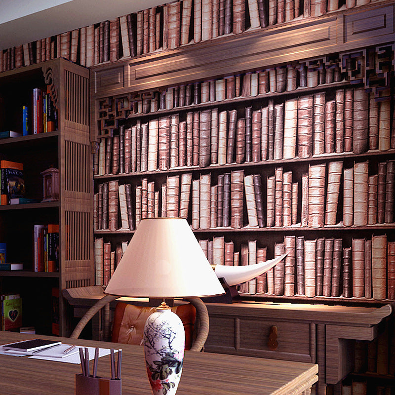 3D Bookstore and Stacked Books Decorative Non-Pasted Wallpaper, 57.1 sq ft. Red Brown Clearhalo 'Wall Decor' 'Wallpaper' 1784308