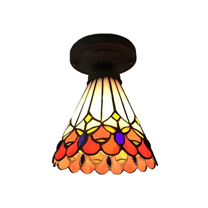 1-Head Flower/Bird/Phoenix Flower/Pink Rose/Red Rose Ceiling Mount Light Tiffany Rustic Stained Glass Ceiling Lamp in Black for Cloth Shop Clearhalo 'Ceiling Lights' 'Close To Ceiling Lights' 'Close to ceiling' 'Flush mount' Lighting' 178435