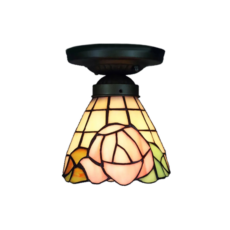 1-Head Flower/Bird/Phoenix Flower/Pink Rose/Red Rose Ceiling Mount Light Tiffany Rustic Stained Glass Ceiling Lamp in Black for Cloth Shop Clearhalo 'Ceiling Lights' 'Close To Ceiling Lights' 'Close to ceiling' 'Flush mount' Lighting' 178438