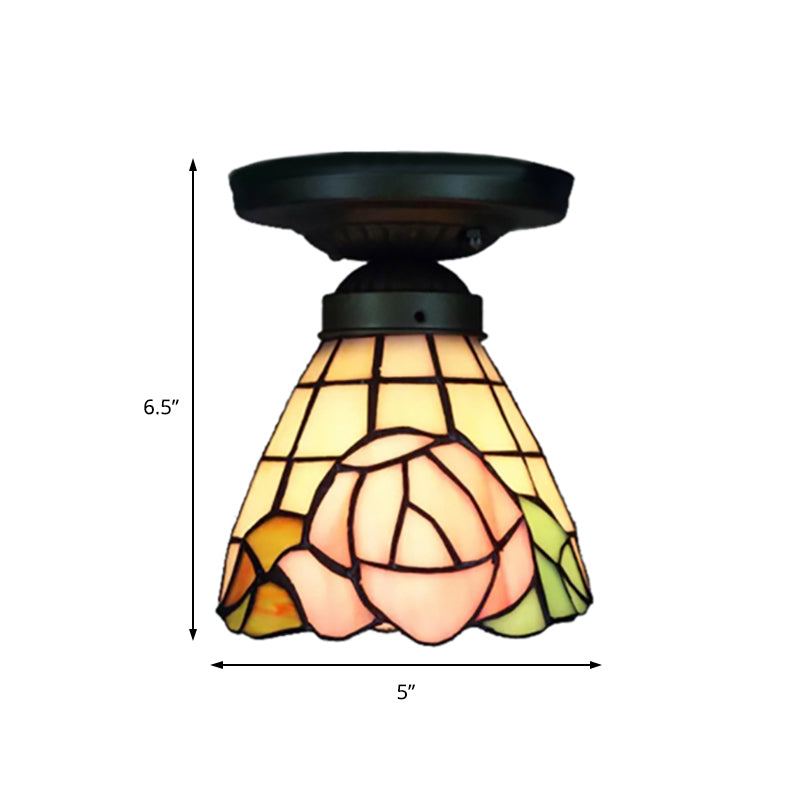 1-Head Flower/Bird/Phoenix Flower/Pink Rose/Red Rose Ceiling Mount Light Tiffany Rustic Stained Glass Ceiling Lamp in Black for Cloth Shop Clearhalo 'Ceiling Lights' 'Close To Ceiling Lights' 'Close to ceiling' 'Flush mount' Lighting' 178439