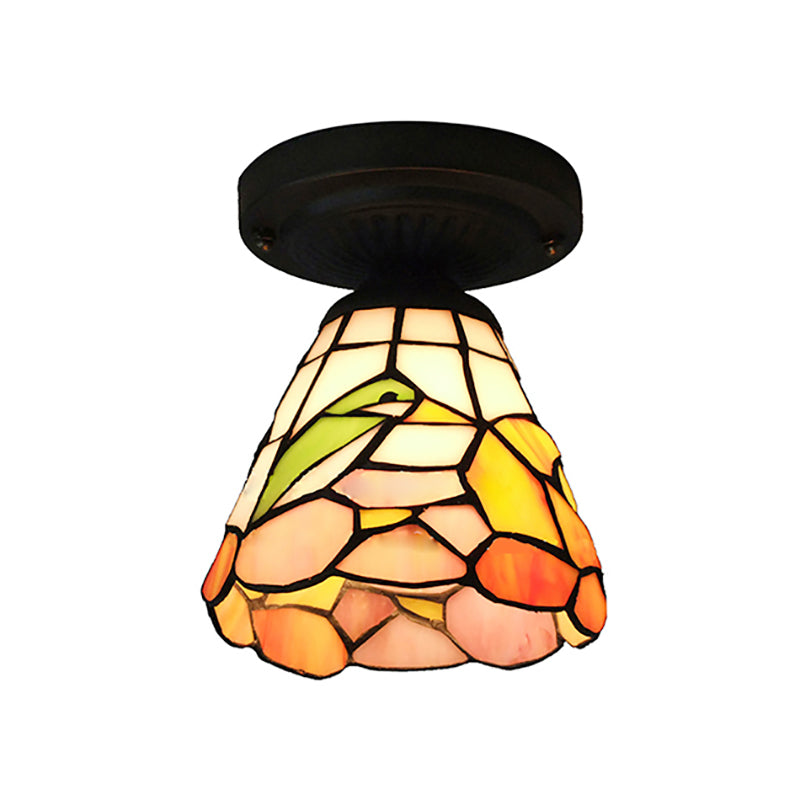 1-Head Flower/Bird/Phoenix Flower/Pink Rose/Red Rose Ceiling Mount Light Tiffany Rustic Stained Glass Ceiling Lamp in Black for Cloth Shop Clearhalo 'Ceiling Lights' 'Close To Ceiling Lights' 'Close to ceiling' 'Flush mount' Lighting' 178442