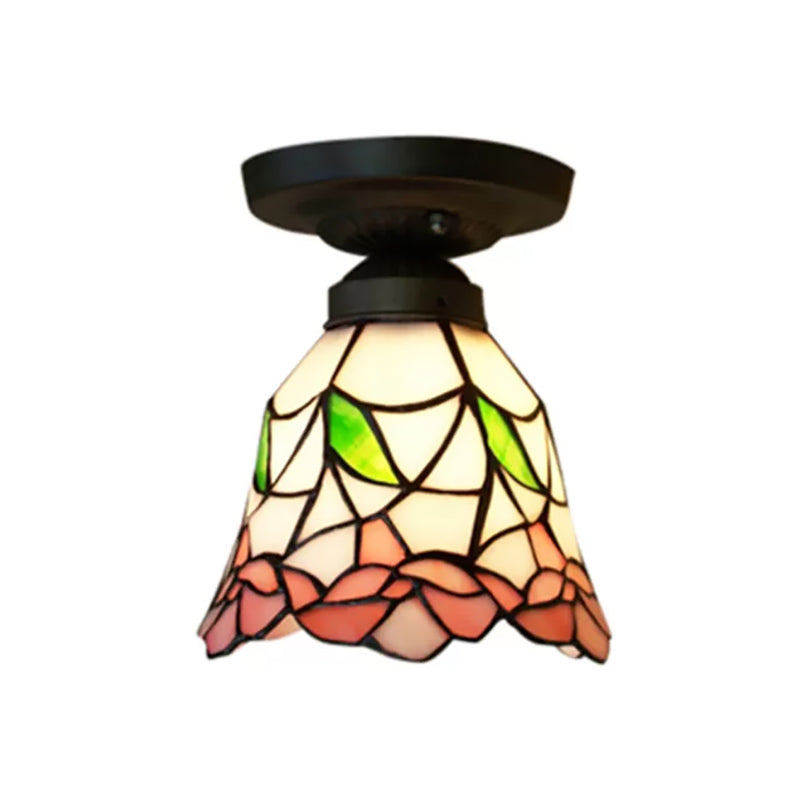 1-Head Flower/Bird/Phoenix Flower/Pink Rose/Red Rose Ceiling Mount Light Tiffany Rustic Stained Glass Ceiling Lamp in Black for Cloth Shop Clearhalo 'Ceiling Lights' 'Close To Ceiling Lights' 'Close to ceiling' 'Flush mount' Lighting' 178445