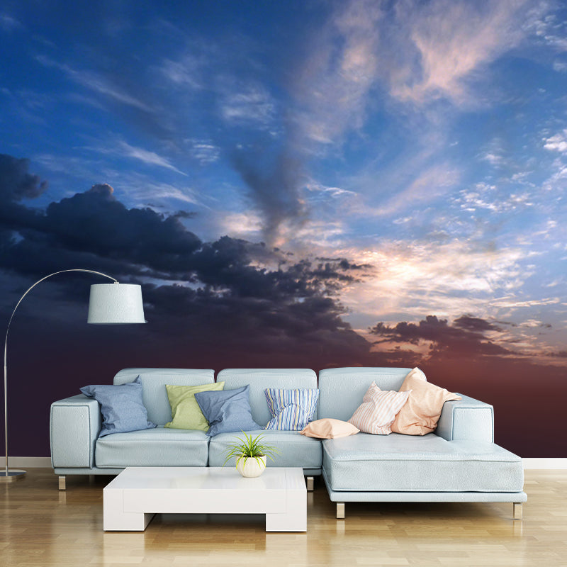 Big Sunset at Desert Mural Indoor Cloud Movement Wall Decor in Sky Blue-White, Washable Sky Blue-White Clearhalo 'Wall Decor' 'Wall Mural' 1784488