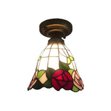 1-Head Flower/Bird/Phoenix Flower/Pink Rose/Red Rose Ceiling Mount Light Tiffany Rustic Stained Glass Ceiling Lamp in Black for Cloth Shop Clearhalo 'Ceiling Lights' 'Close To Ceiling Lights' 'Close to ceiling' 'Flush mount' Lighting' 178448