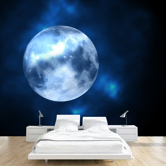 Contemporary Full Moon Mural Non-Wove Washable Black-Blue Wall Art for Living Room Clearhalo 'Wall Decor' 'Wall Mural' 1784720