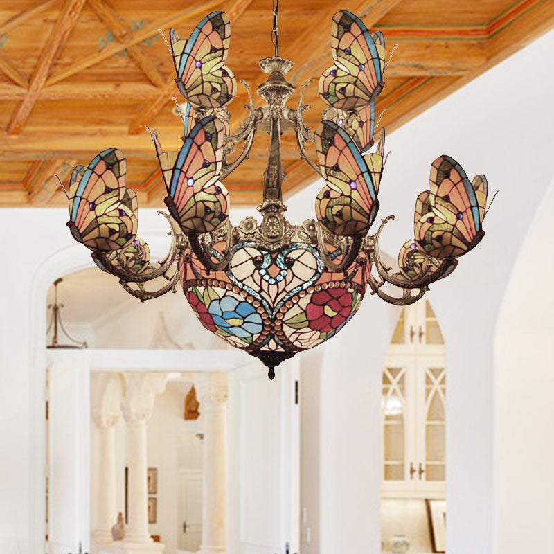 Tiffany Stunning Multi-Colored Chandelier with Butterfly Glass Pendant Light for Living Room Clearhalo 'Ceiling Lights' 'Chandeliers' 'Industrial' 'Middle Century Chandeliers' 'Tiffany Chandeliers' 'Tiffany close to ceiling' 'Tiffany' Lighting' 178480