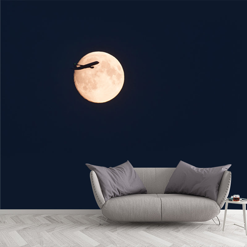 Black Contemporary Mural Whole Jet on Moon Sky Wall Art for Living Room, Custom Made Clearhalo 'Wall Decor' 'Wall Mural' 1785276