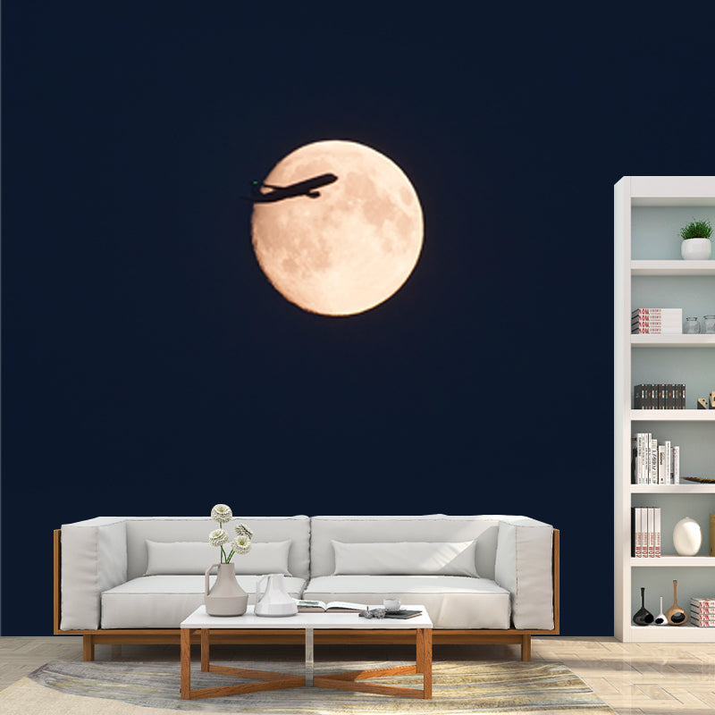 Black Contemporary Mural Whole Jet on Moon Sky Wall Art for Living Room, Custom Made Clearhalo 'Wall Decor' 'Wall Mural' 1785277