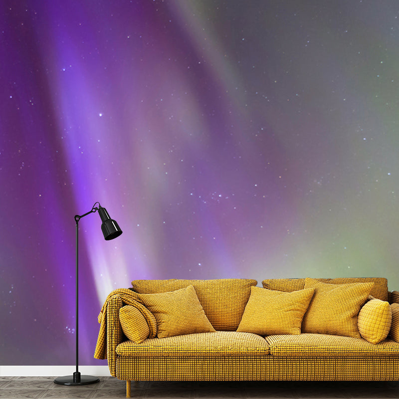 Purple Aurora Rays Mural Decal Stars View Modern Waterproofing Wall Covering for Bedroom Purple Clearhalo 'Wall Decor' 'Wall Mural' 1785410